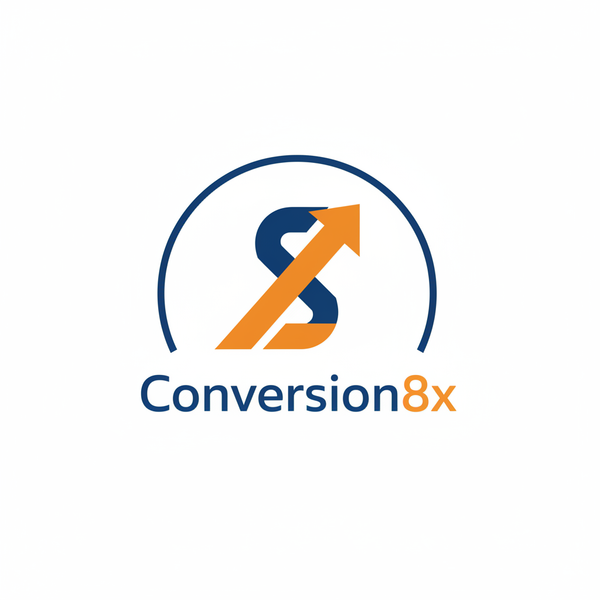 Professional B2B SaaS logo for Conversion8x, geometric design with blue and orange colors, upward arrow symbolizing growth, minimalist modern style, flat design